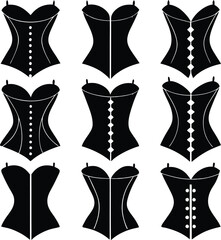 Black Corset Vector Graphics: Silhouette Collection of Fashionable Lingerie Designs for Clothing & Apparel Projects, Vintage Style Illustration