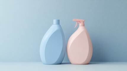 Two cleaning product bottles in blue and pink against a light blue background.