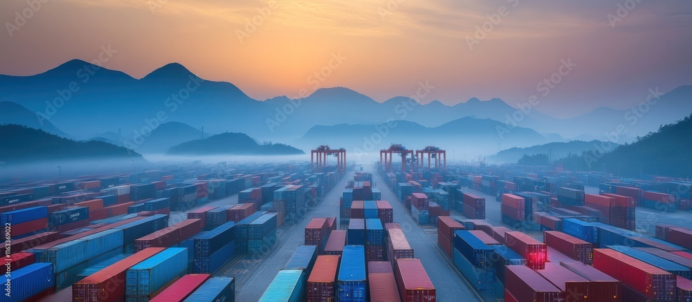 Poster sunrise over a misty container port with mountains in the background.
