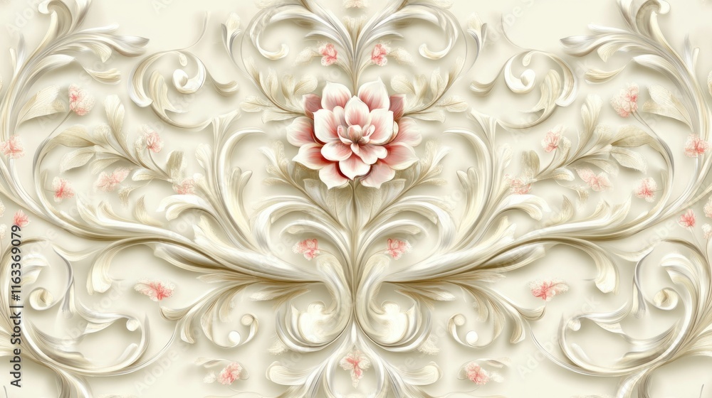 Poster a seamless cream design with delicate, symmetrical swirls and soft floral elements creating a timele