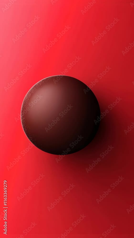 Poster deep red background features a smooth, dark chocolate sphere reflecting soft light