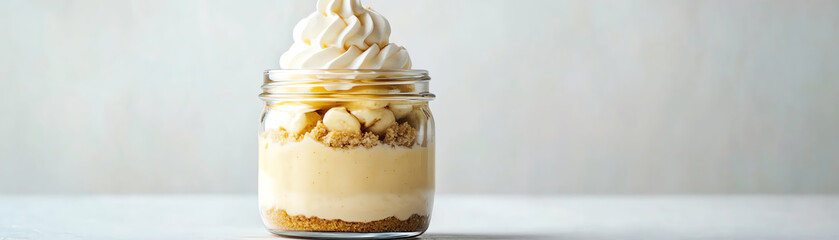 Delicious dessert in a glass jar with creamy layers and whipped topping, perfect for sweet cravings.