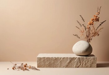 A rustic stone podium with a vase of dried flowers on a beige and brown background