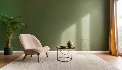 Empty Olive Green Wall Mockup in Mid Century Modern Interior with Lounge Chair and an Oval Coffee Table. Natural Daylight From a Window. Promotion Background.
