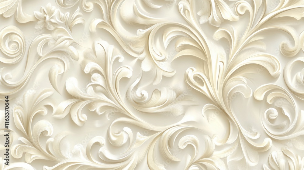 Poster a seamless cream-colored pattern with ornate floral-inspired swirls and delicate shadowing for a thr