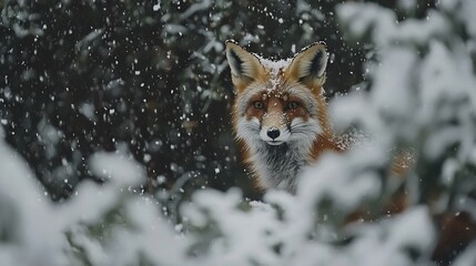 Red fox in snowy forest, winter wildlife.