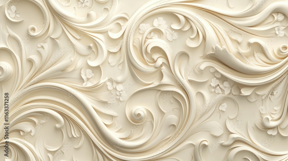 Poster a seamless cream-colored pattern with ornate scroll-like designs and delicate embellishments for a l