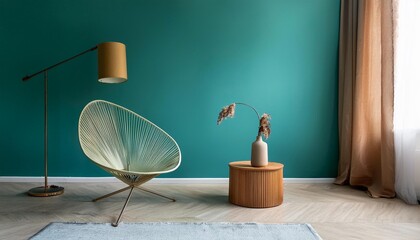 Empty Teal Wall Mockup in Mid Century Modern Interior with Shell Chair and a Geometric Floor Lamp. Natural Daylight From a Window. Promotion Background.