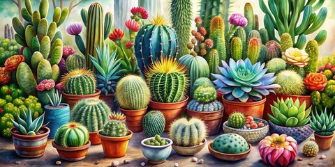 Watercolor Cactus Collection: Architectural Photography Showcasing Unique Succulent Arrangements in Artistic Styles for Home Decor Inspiration and Nature Aesthetic