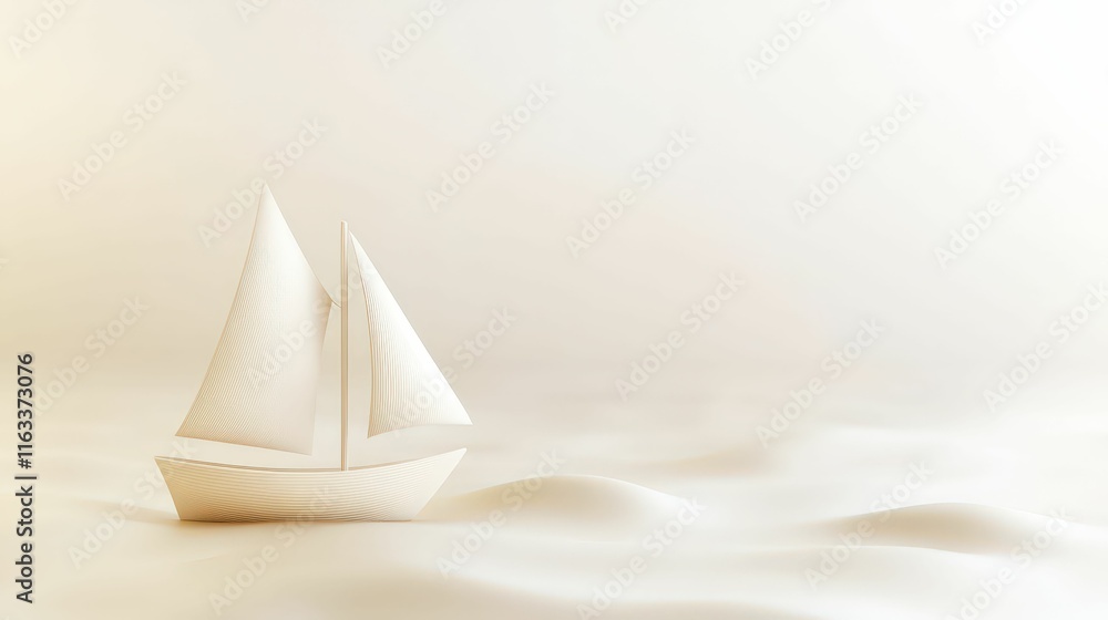 Poster 3d minimalist boat navigating a soft-toned map serene waters artistic visualization tranquil environ