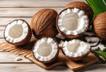 A pile of coconuts on a light wooden background