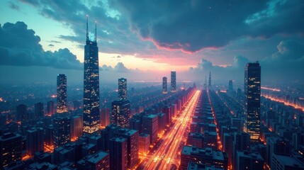 Fototapeta premium A Futuristic Metropolis at Twilight Glowing Cityscape with Skyscrapers and Illuminated Avenues