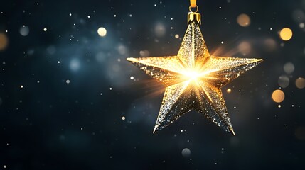 Glimmering Gold Star Christmas Ornament Hanging Dark Background