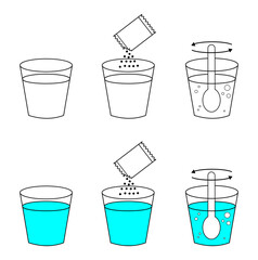 Sachet powder concept set. Instruction how to dissolve effervescent medication in water. Vector illustration. packet use