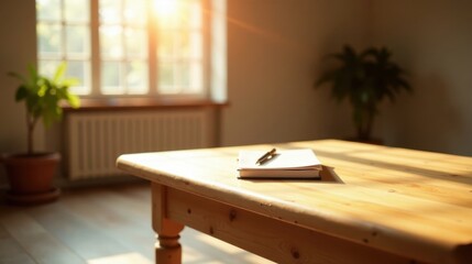 Sunlight illuminates a wooden table with a closed notebook and pen, peaceful home office atmosphere