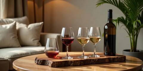 Relaxing indoor scene featuring a bottle of wine and glasses filled with red and white wine on a wooden table next to a comfortable sofa