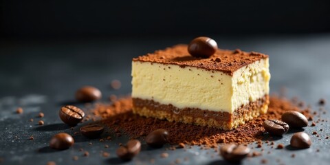 A delightful slice of creamy coffee-flavored dessert, delicately dusted with cocoa powder and adorned with roasted coffee beans, rests on a dark surface.