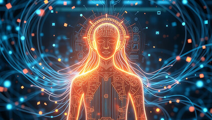 A futuristic depiction of a memorial AI assistant, represented as a glowing holographic figure surrounded by swirling data streams, preserving the memories of a loved one. Perfect for themes of tech 