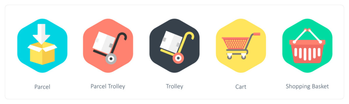 A set of 5 mix icons as parcel, parcel trolley, trolley