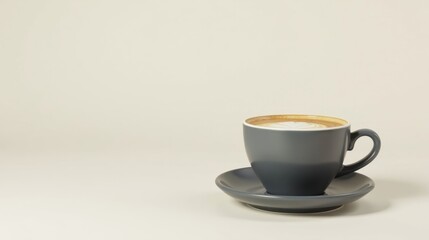 Aromatic Cappuccino in a Grey Cup on a Saucer against a Neutral Background