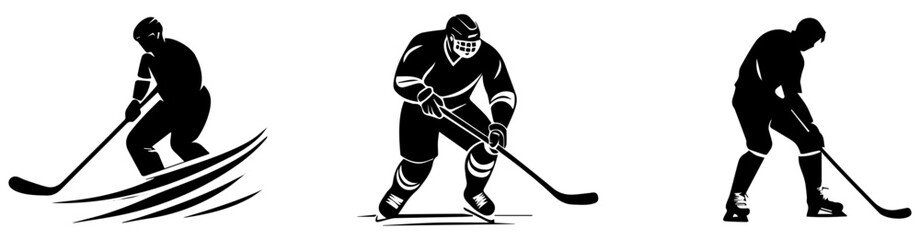 Obraz premium Ice Hockey Player Silhouette Set, Black and White Vector Illustration
