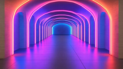 Neon Lights Illuminate Arched Corridor Pathway
