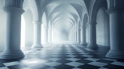Grand Hallway with Checkered Floor and Classical Columns