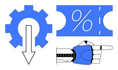 Gear with downward arrow, percentage sign coupon, and robotic hand pointing right. Ideal for automation, discounts, robotics, technology, efficiency marketing innovation themes. Minimalist abstract
