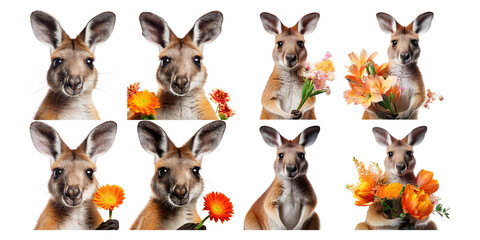 Fototapeta premium Playful Kangaroos with Flowers on Transparent Background