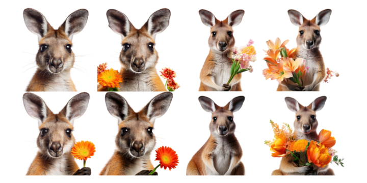 Playful Kangaroos with Flowers on Transparent Background