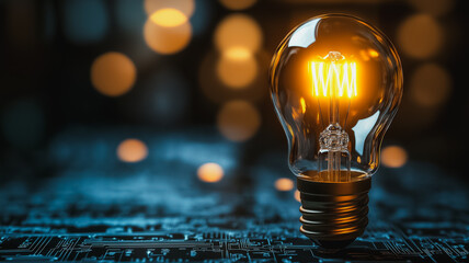 A light bulb is lit up on a black background. The light bulb is the only source of light in the image