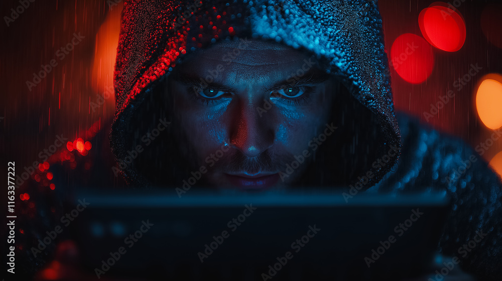 Poster a man is looking at a tablet with a hoodie on. the image has a moody and mysterious feel to it