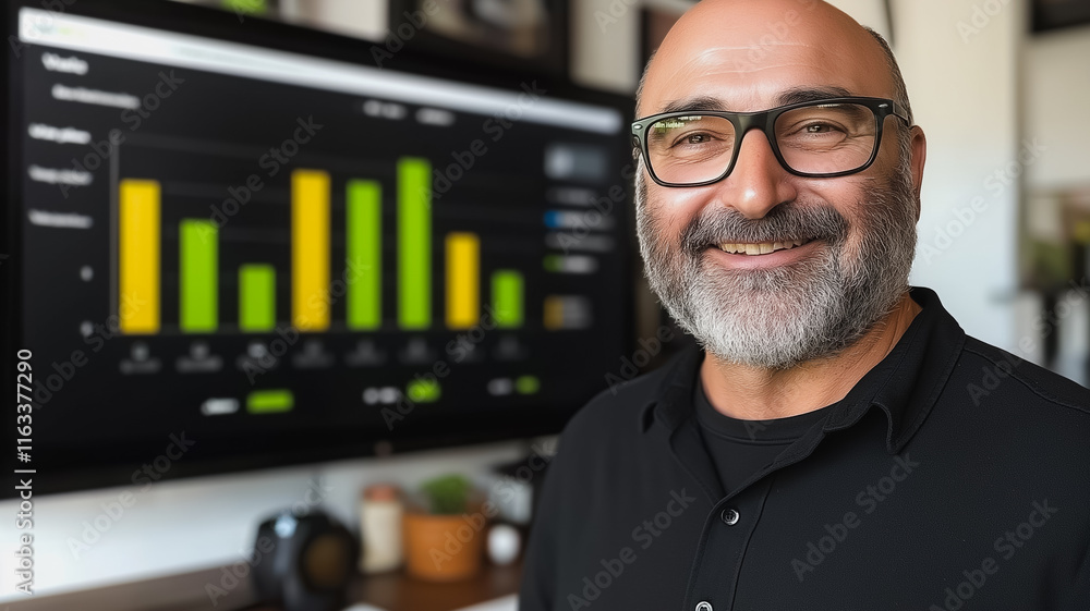 Poster a man with glasses is smiling in front of a computer monitor. the monitor displays a graph with a gr