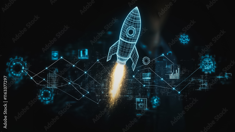 Poster a rocket is flying through a city with a man in the background. the image is a representation of the