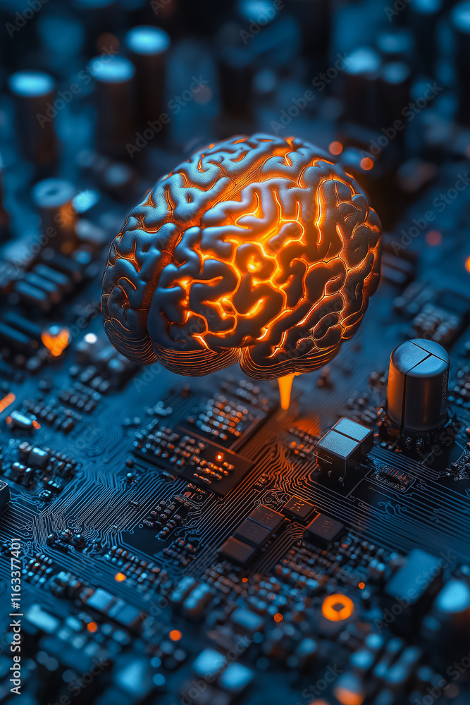 Poster a brain is glowing on a computer chip. the brain is surrounded by a blue background. concept of tech