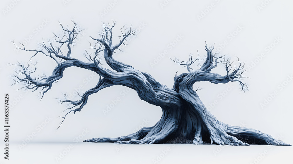 Poster a large tree with many branches and a trunk that is bent. the tree is bare and has no leaves. the im