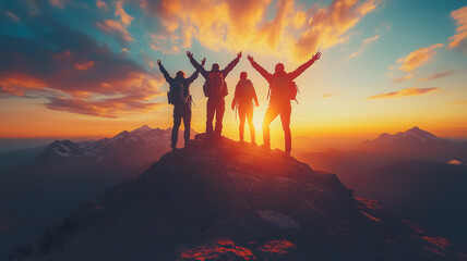 A group of four people are standing on a mountain peak, with the sun setting behind them. They are all smiling and seem to be celebrating their accomplishment