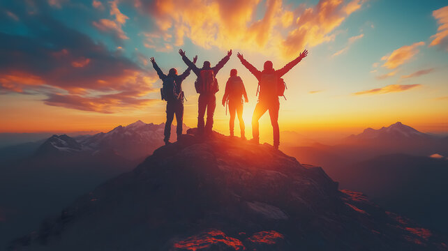 A group of four people are standing on a mountain peak, with the sun setting behind them. They are all smiling and seem to be celebrating their accomplishment