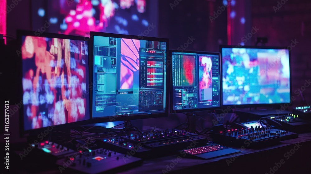 Poster three monitors displaying colorful digital artwork and video editing software with audio mixer in a 