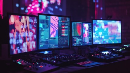 Fototapeta premium Three monitors displaying colorful digital artwork and video editing software with audio mixer in a dark room.