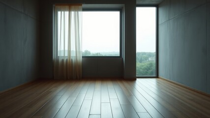 Empty room with hardwood floor, sheer curtains, and large windows offering a view of trees and sky