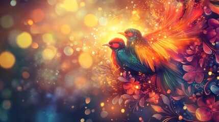 Fototapeta premium Two vibrant birds nestled in colorful flowers, set against a bokeh background.