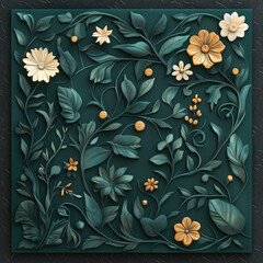A green and gold floral design with a blue background