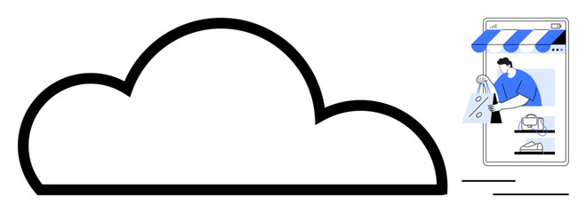 Large cloud outline next to a person shopping on a smartphone with a striped awning storefront. Ideal for e-commerce, cloud computing, online retail, digital marketing, modern business, data storage