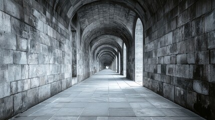 Stone Archway Corridor: A Monochromatic Perspective