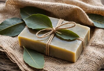 A bar of bay laurel soap on a burlap sack with olive branches and leaves