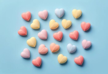 A flat lay of pink and red candy hearts on a pastel blue background