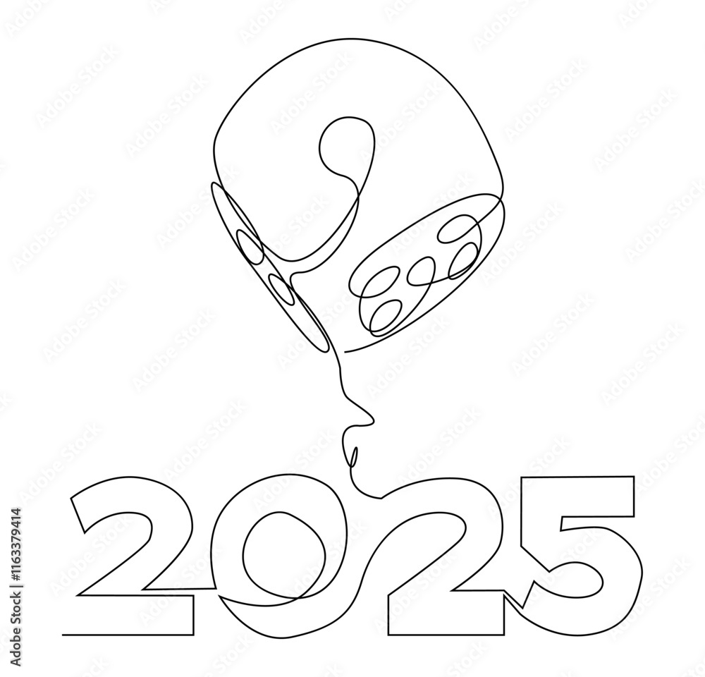 Poster one continuous line of dice with number 2025. thin line illustration vector concept. contour drawing