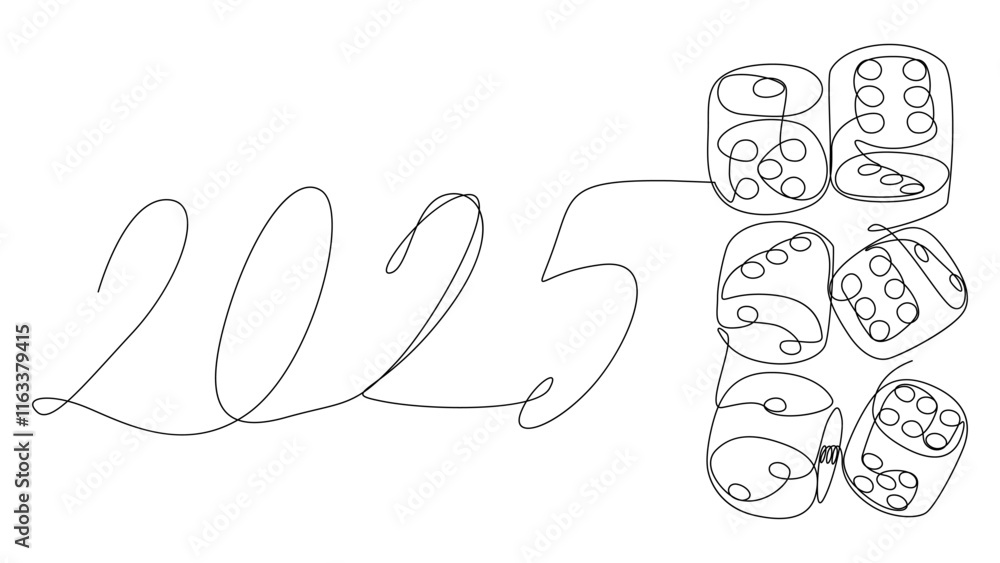 Poster one continuous line of dice with number 2025. thin line illustration vector concept. contour drawing