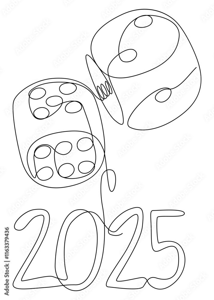 Poster one continuous line of dice with number 2025. thin line illustration vector concept. contour drawing